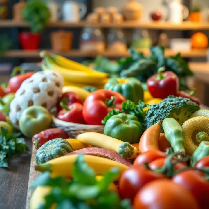 Colorful assortment of fresh fruits and vegetables arranged on a table