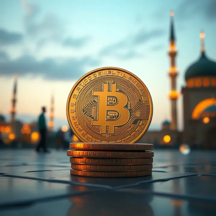 Digital representation of halal cryptocurrency concept with Islamic finance symbols