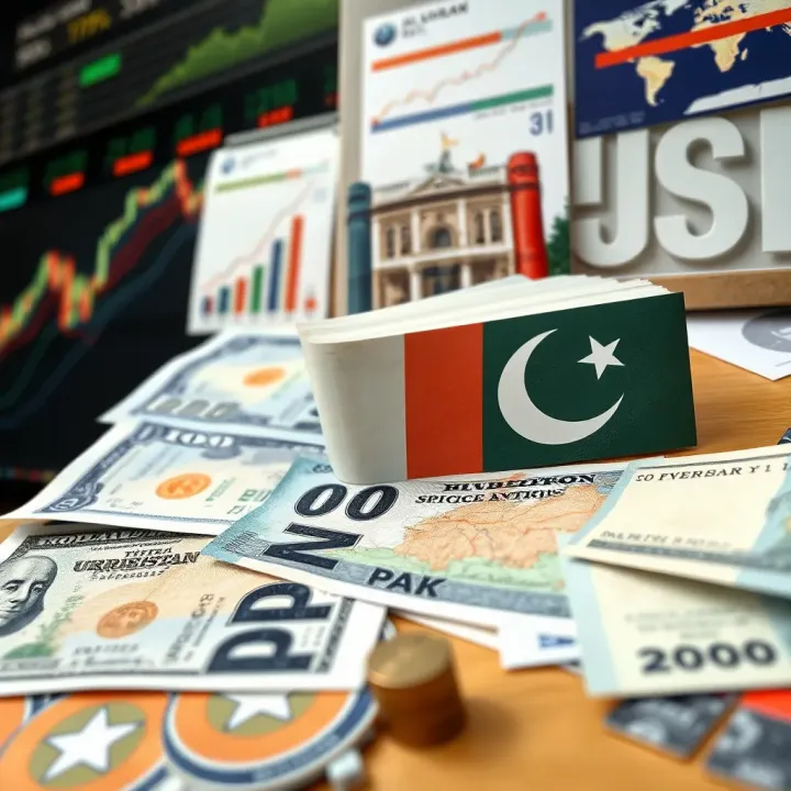 Key Factors Affecting USD to PKR Exchange Rate Movements Collage showing economic indicators, government policy documents, and geopolitical maps influencing currency exchange rates