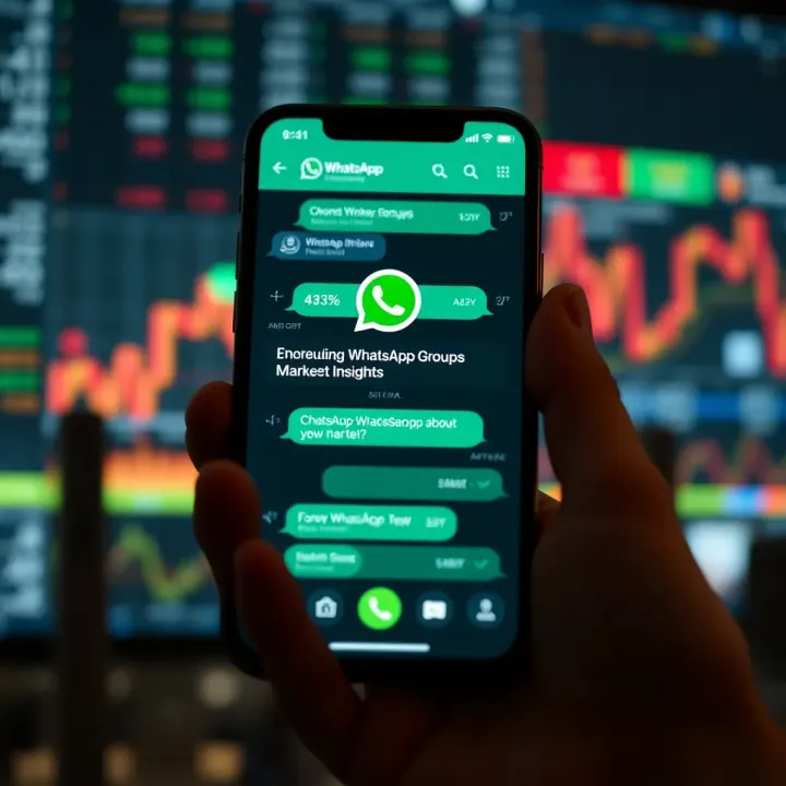 Forex Trading WhatsApp Group Chat for Real-Time Market Insights Smartphone displaying a Forex trading WhatsApp group chat with market updates and trading advice