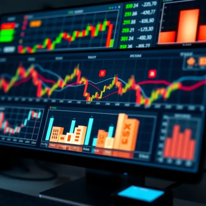 Screen showing diverse financial charts and graphs alongside icons representing risk management and local trading tools in Pakistan