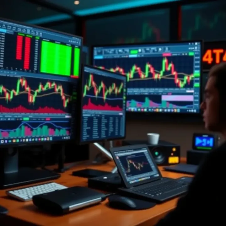 Workspace with a computer screen displaying trading software and financial data
