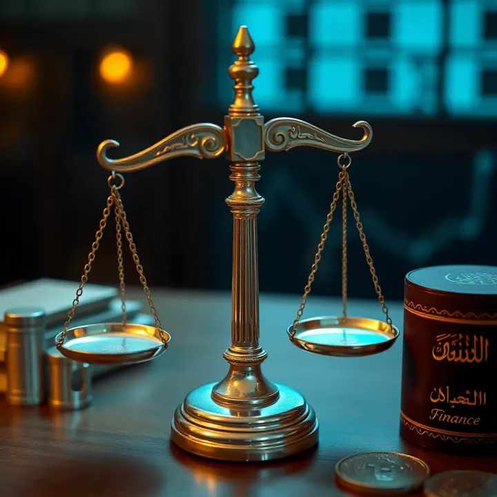 Illustration of Islamic finance principles with a balance scale and Quranic text