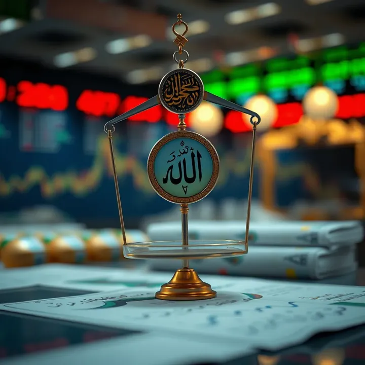 Illustration showing the concept of Islamic finance principles with a balance scale and Quranic symbols