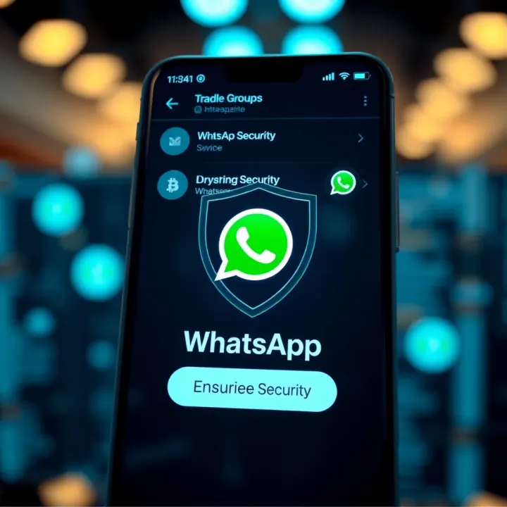 Secure mobile chat interface with crypto currency symbols and a shield icon indicating protection