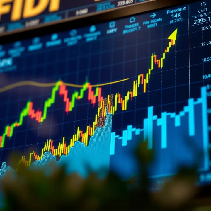 Analyzing Market Trends for CFD Trading Graph showing upward trend with financial market indicators
