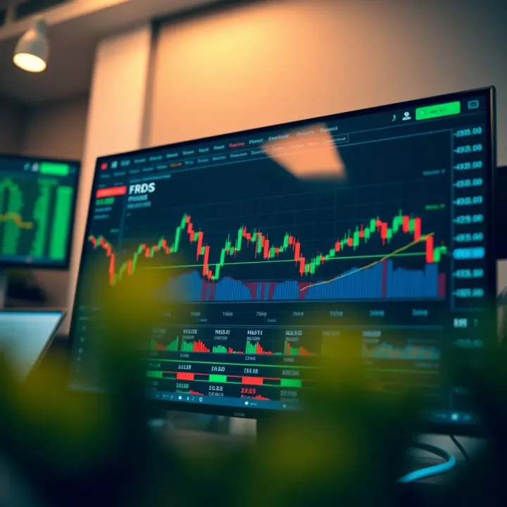 Digital screen displaying trading platform with charts and tools