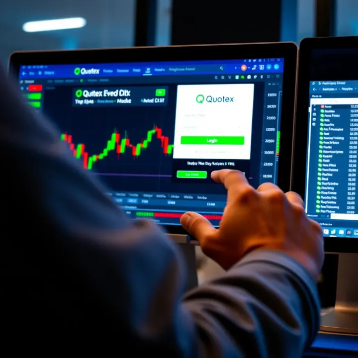 User logging into Quotex trading platform on a desktop computer