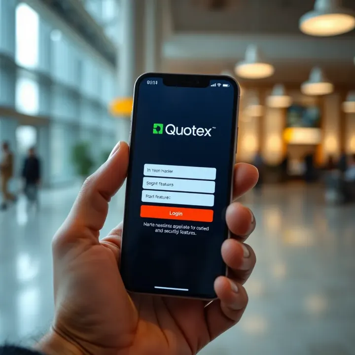 Quotex Mobile App Login and Security Features Mobile phone displaying the Quotex app login screen with security features