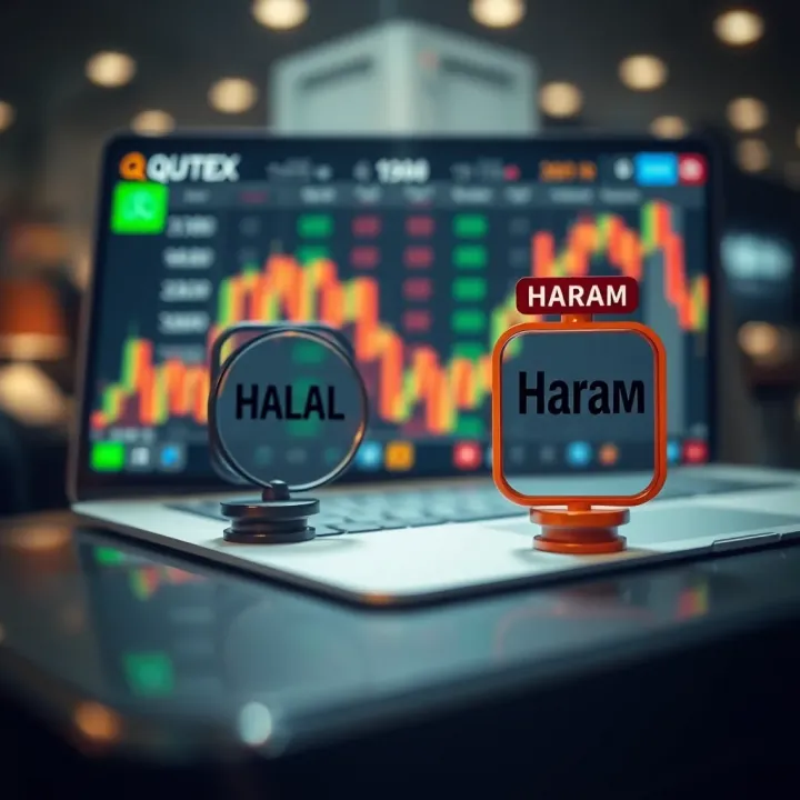 Conceptual representation of online trading platform with halal and haram icons symbolizing religious considerations