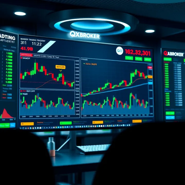 Dashboard view of QXBroker trading platform showing various financial charts and market data