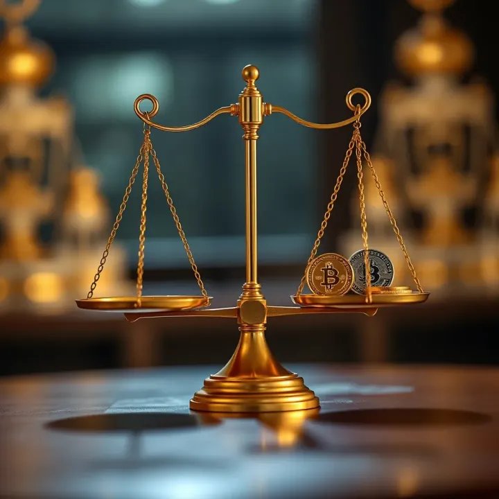 Graphic showing a balance scale with Islamic symbols and cryptocurrency coins depicting Shariah-compliant investment choices