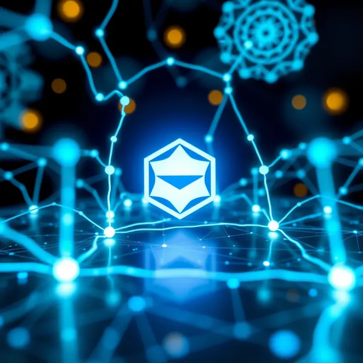 Futuristic representation of blockchain technology with Stellar Lumens logo and digital connections