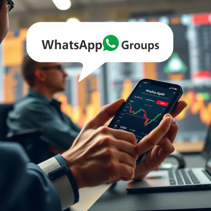 Analyzing Market Insights Shared via WhatsApp Groups Illustration of a trader analyzing market data alongside a message bubble showing trading tips on a mobile device