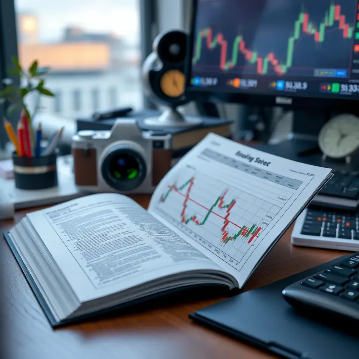 Overview of Trading PDF Book Content and Market Analysis Open trading book displaying charts and market analysis on a desk