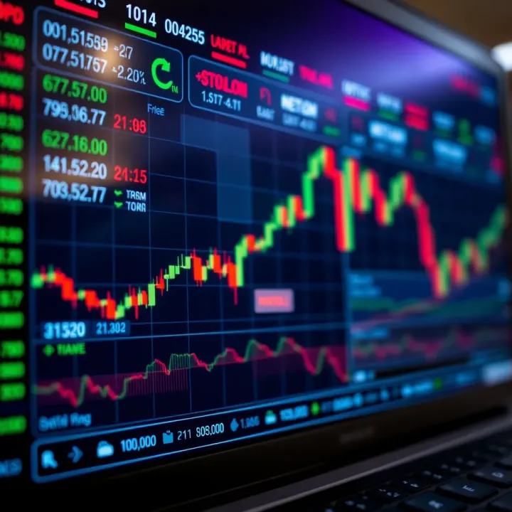 Illustration of digital trading platform interface displaying various stock indices and market data