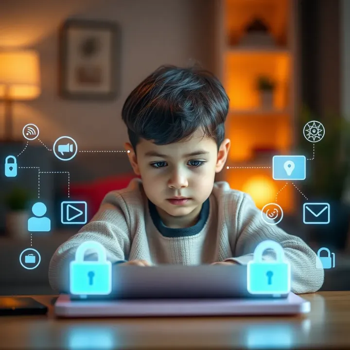 Child using a laptop with digital safety icons around to represent online security