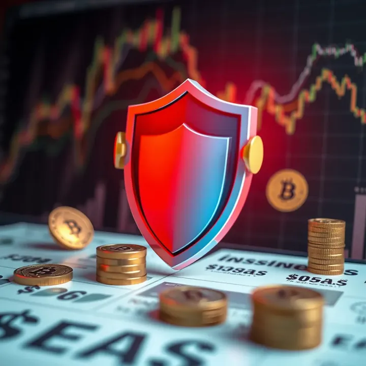 Insurance for Financial Protection and Risk Management Conceptual graphic depicting financial stability and protection with insurance shield and financial symbols