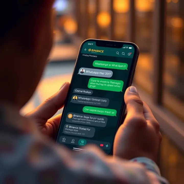 Illustration of a smartphone displaying a Binance WhatsApp group chat with cryptocurrency discussion and alerts