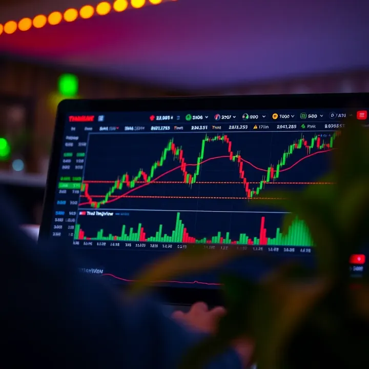 TradingView interface displaying binary trading options with candlestick charts and indicators