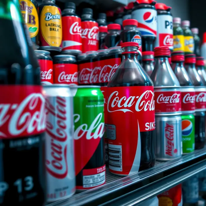 Global Beverage Brands Competing with Coca-Cola Beverage cans and bottles from leading global brands arranged on a shelf