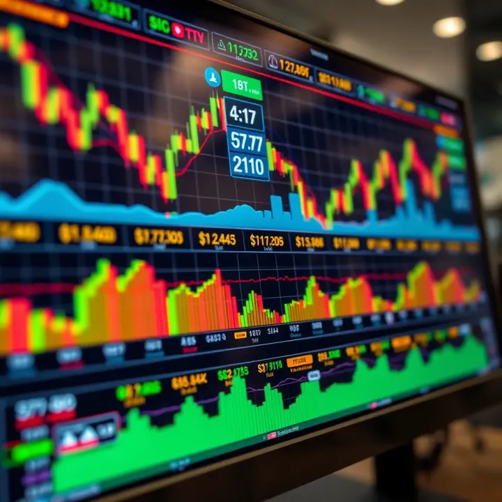 Digital interface displaying cryptocurrency trading charts and wallet balances