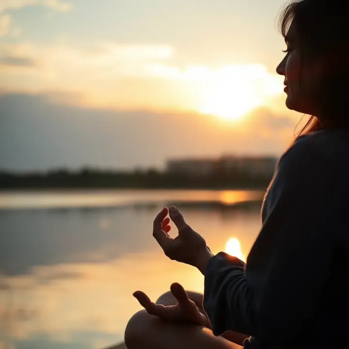 Serene person meditating outdoors at sunrise with calm waters in the background