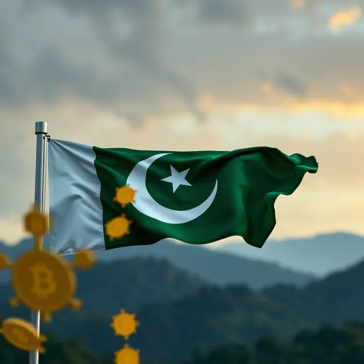 Pakistani flag with digital currency symbols representing cryptocurrency regulation