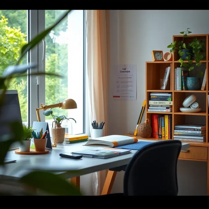 Calm workspace with natural light and organized desk to promote stress relief