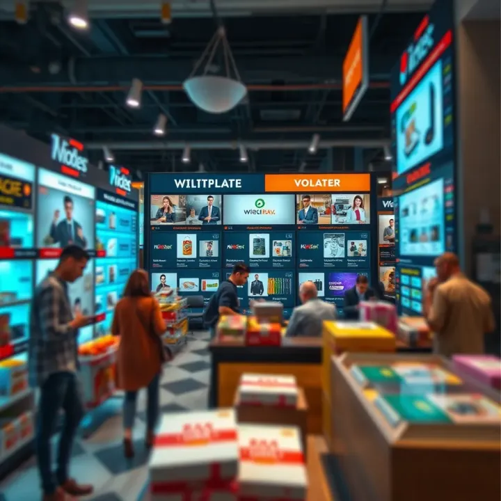 A digital marketplace interface displaying various product categories and active user engagement