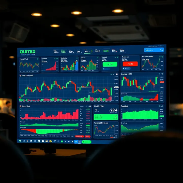 Screenshot of Quotex trading platform dashboard showing various market charts and trading options