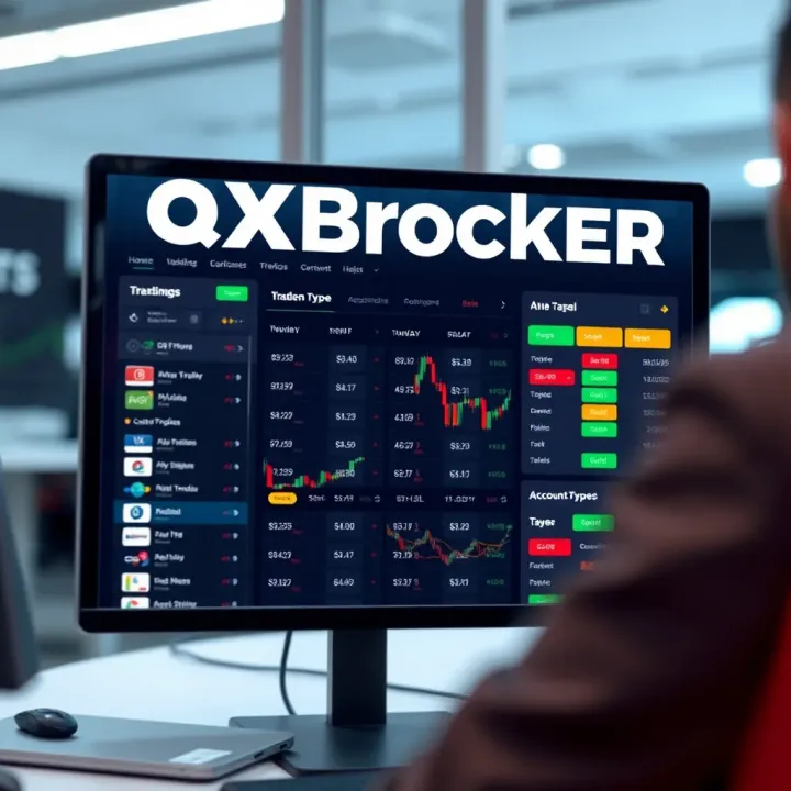 Interface showing various trading instruments and account type options on QXBroker platform