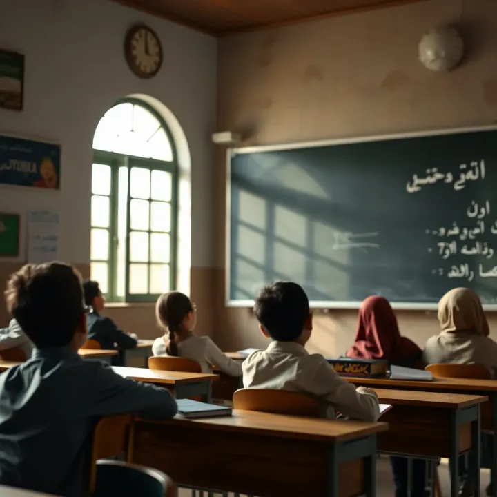 Educational Environment Promoting Urdu Language Learning School classroom in Pakistan with students learning Urdu on blackboard