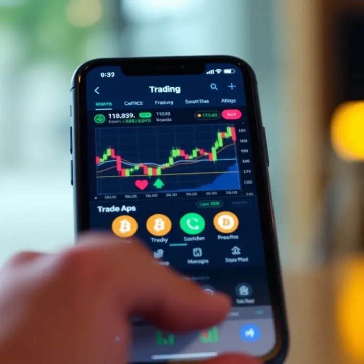 Mobile device displaying a trading app interface with charts and virtual currency icons