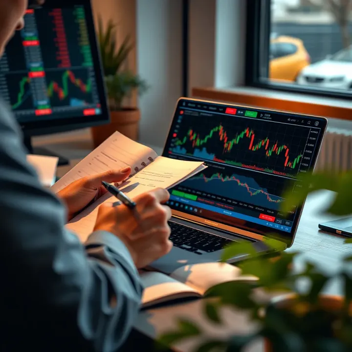 Applying Strategies from PDF Trading Books to Enhance Skills Person using a laptop with trading charts and notes while referencing a PDF trading book