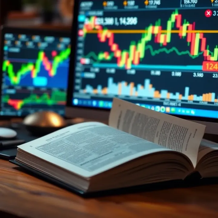 Open book with financial charts and graphs on computer screen